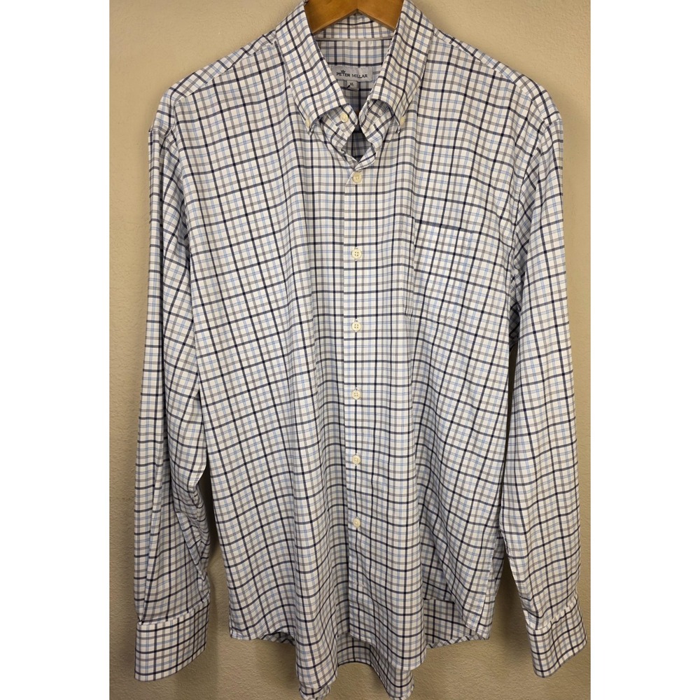 Peter‎ Millar Shirt Mens Size XL Button Up Plaid White Blue Long Sleeve